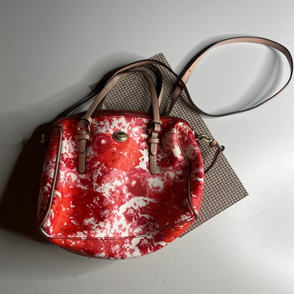 Coach Red White Floral Tie Dye Coated Canvas Satchel Crossbody Bag